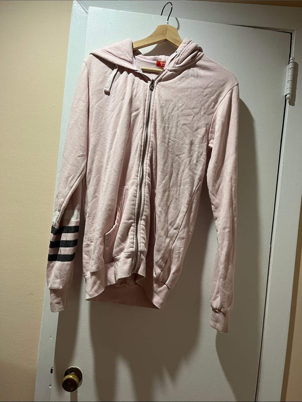 Women's Light Pink Zip-Up Hoodie with Sleeve Stripe Detail